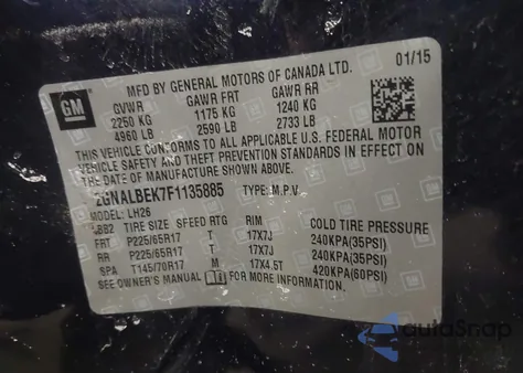 2015 Chevrolet Equinox 1Lt z USA, uszkodzony, nr VIN 2GNALBEK7F1135885